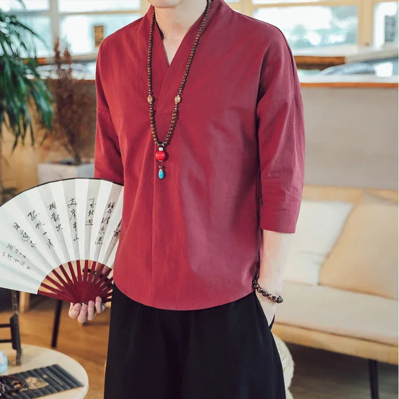 Summer Short Sleeve Men New Half-sleeved Cotton Linen Breathable Men Clothing T-shirt Tops - mon
