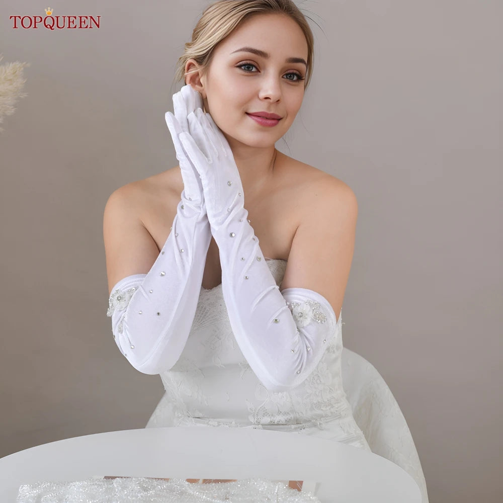 TOPQUEEN Elegant Bridal Gloves Crystal Beaded 3d Pearl Flower Long Gloves Elbow Length Wedding Accessories T24