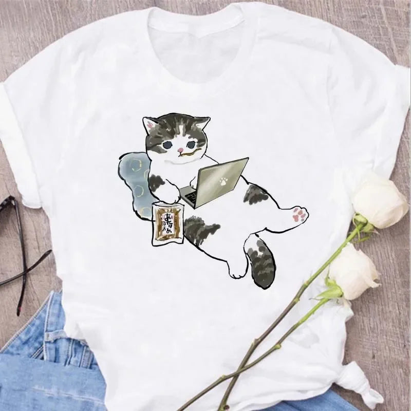 Cute Cats Printing Women T-shirts New Kawaii Women's Tops Fashion Women Clothing Funny Korean Style Creative Casual Clothes Tees