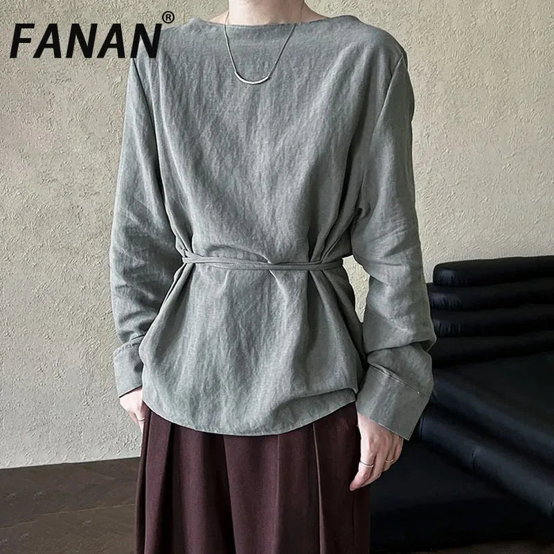 FANAN Women's Shirts Round Neck Lace-up Gathered Waist Long Sleeve Fit Blouses Female Tops Fashion Clothes 2025 Spring New