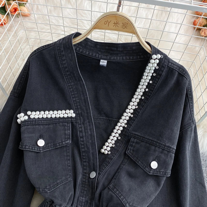 Vintage Pearl Beaded Black Denim Outerwear Women Autumn Elastic Waist V-neck Long Sleeve Korean Irregular Hem Short Jeans Jacket