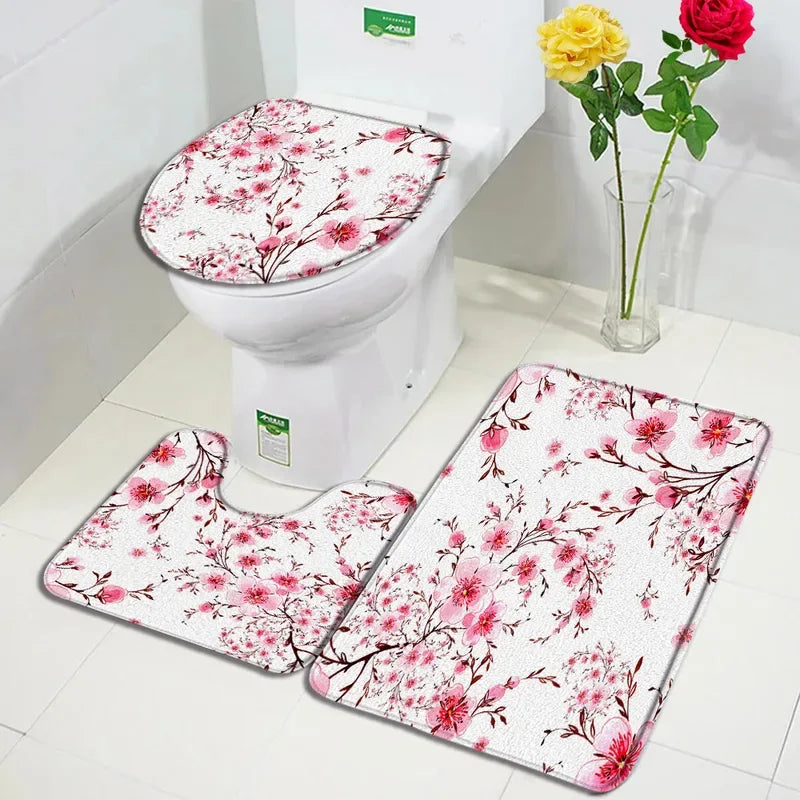 Pink cherry blossom bath mats 3PCs set plant flowers carpet modern print home bathroom decor door rug anti-slip toilet cover mat home improvement