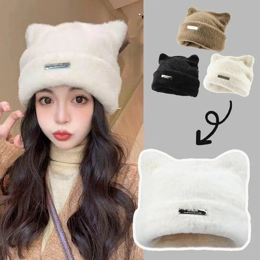 Iron Label Decorative Beanie Hat With Ears Cute Warm Faux Beanie Hat Plush Women Winter Fur Beanie Elastic Knitted Outdoor Z4k0