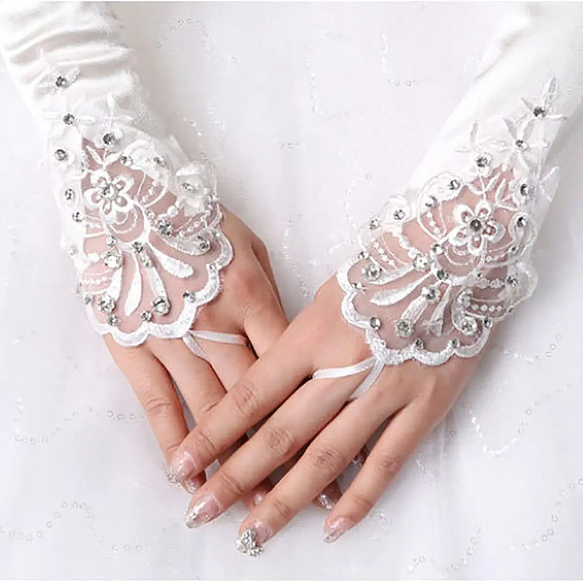 Elbow Length Fingerless Satin Embroidery Beads Bridal Wedding Gloves Tea Party Luva De Noiva Cosplay Bridal Accessories