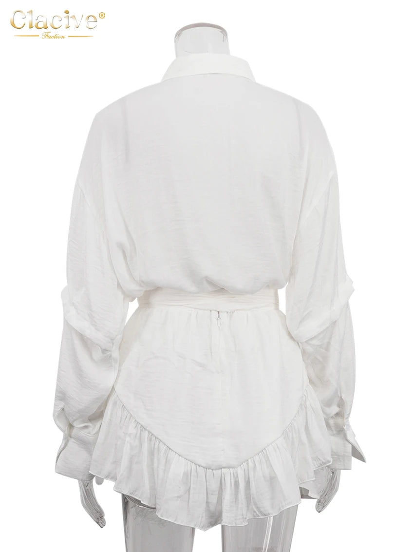 Clacive Casual Loose White 2 Piece Sets Women Outfit 2024 Fashion Long Sleeve Shirt With High Waist Pleated Mini Skirts Set