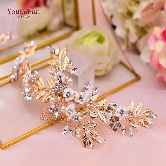 YouLaPan Gold Floral Wedding Hair Comb Bridal Crystal Pearls Headpiece Hair Accessories Bride Jewelry Women Hair Clips HP368