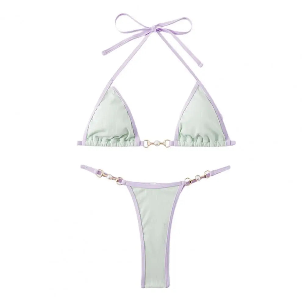 Women Bikini Set Contrast Color Halter Neck Three-point Pearl Deep V Neck Swimming Suit Bathers Women Micro Thong Bikinis