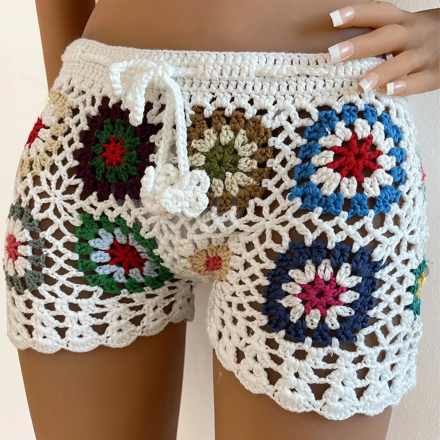 Women Knit Crochet Beach Shorts Swimsuit Cover Ups Casual Hollow Out Elastic Waist Drawstring Short Pants Lounge Shorts Swimwear