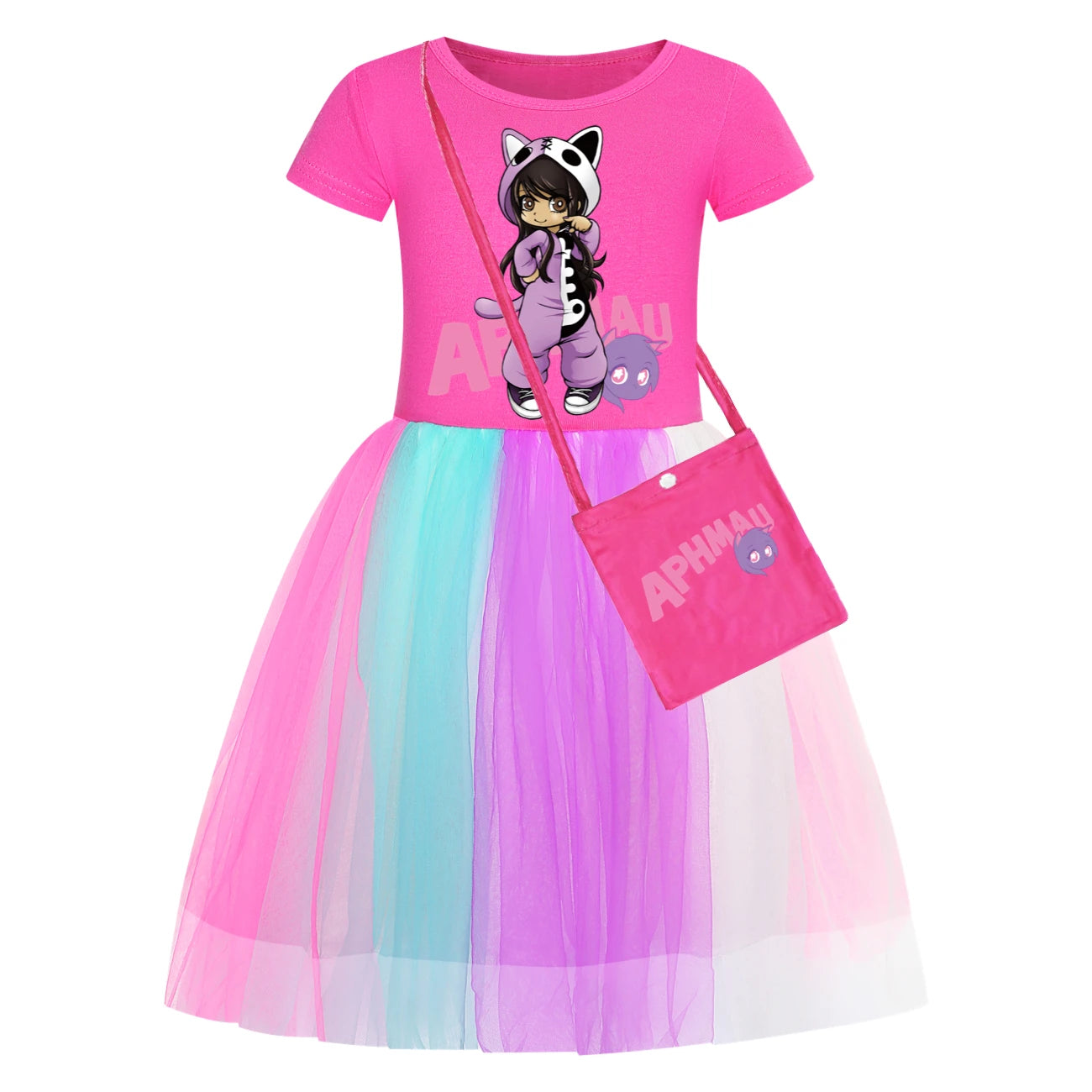 Anime Aphmau Dress Kids Cute Short Sleeve Clothes for Baby Girls Kawaii Casual Dresses&small Bag Children Summer Holiday Outfits