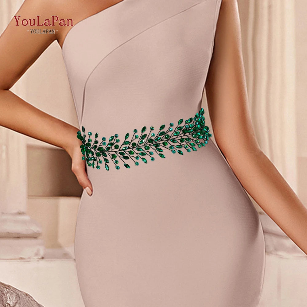 TOPQUEEN Elegant Bridal Belt Wedding Dress Waist Decoration Bridesmaid Belt Green Rhinestone Evening Gown Belt Accessories SH799