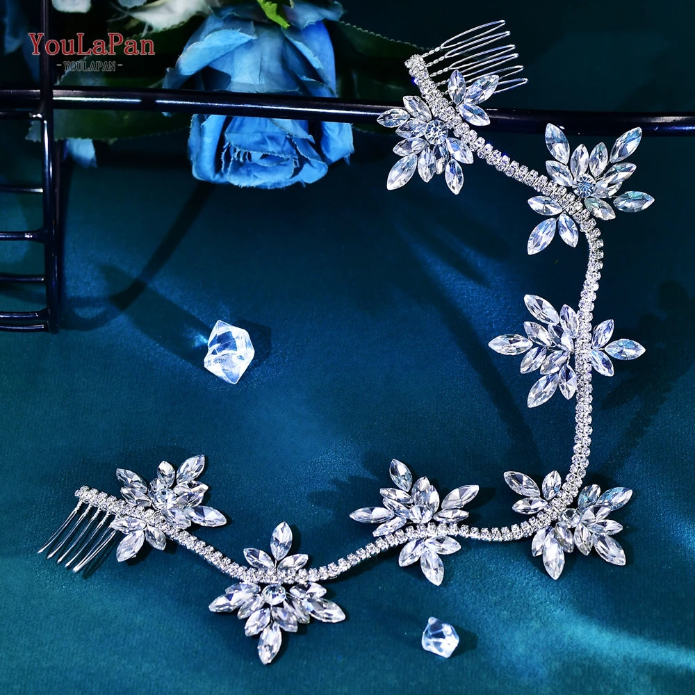 YouLaPan Crystal Flowers Hairpiece Bridal Wedding Hair Accessories Handmade Rhinestone Forehead Tiara Crown for Bride HP618