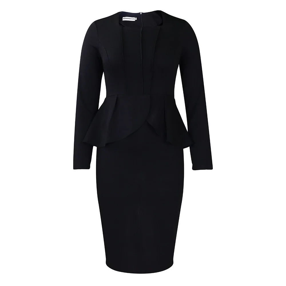 2025 SolidPeplum Ruffles Long Plus Size Dress Women Long Sleeve Large Big Dresses Spring Slim Fit Party Tight Curvy Dress