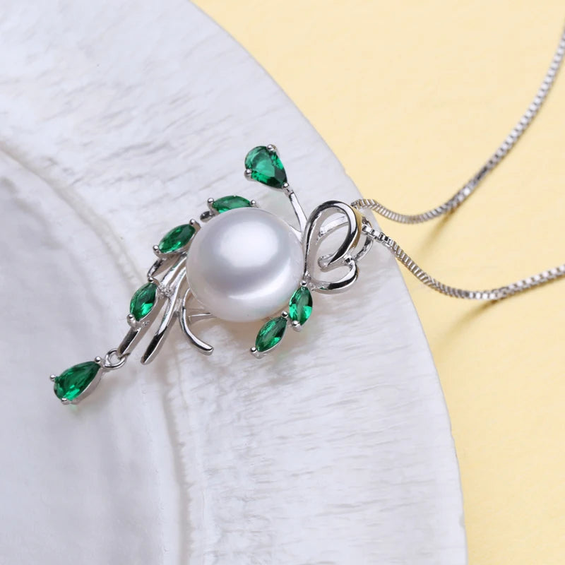 FENASY 925 Sterling Silver Natural Pearl Emerald Jewelry Sets Leaf Earrings Necklace Pendant Engagement Ring Sets For Women
