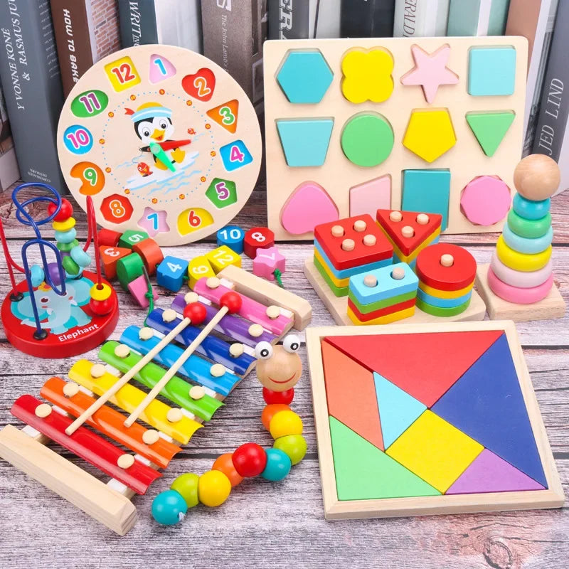 Baby-Lernspielzeug Montessori Holz 3D Spielzeug Kindheit Lernen Kinder Baby Bunte Holzblöcke Für Kinder Weihnachtsgeschenk