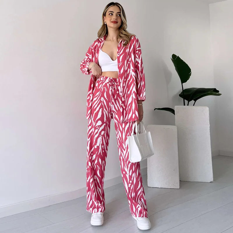 Women's Zebra Print 2-piece Set 2025 Spring Summer New Fashion Long Sleeve Shirt Top High Waist Wide Leg Pants Casual Outfits