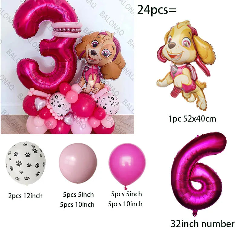 24pcs Pink PAW Patrol Skye Party Balloons Skye Number Foil Balloon Set Baby Shower Girls Birthday Party Decoration Kids Toy Gift