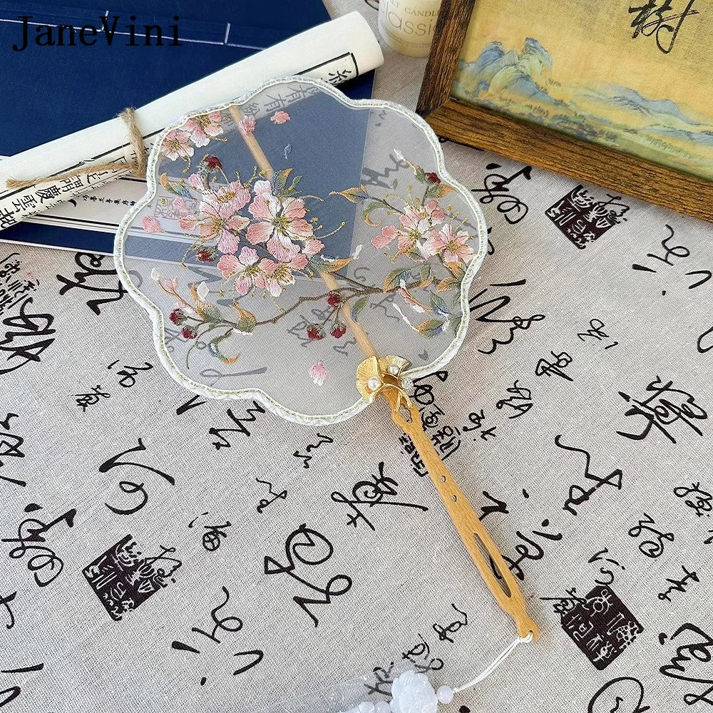 JaneVini Delicate Embroidery Flowers Rabbit Wedding Bride Fan Handmade Hanfu Xiuhe Bridal Fan Bouquet Accessories Handicraft