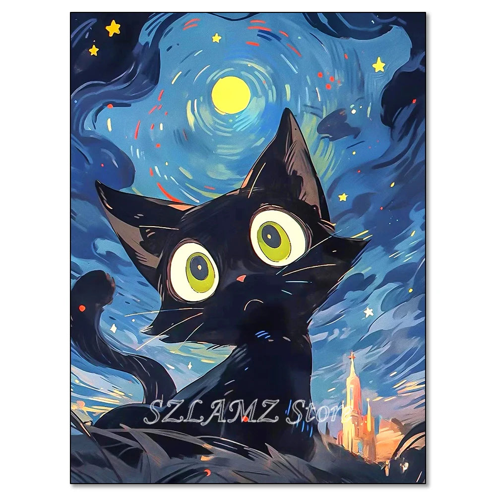 5D DIY Diamond Painting Kit Starry Sky Cat Diamond Embroidery Cross Stitch Cartoon Astral Cat Home Decoration Art Painting