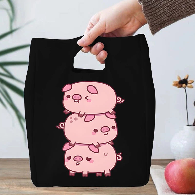 Isolierte Lunchtasche aus Segeltuch mit Hamburger-Schweinchen-Design, für Studenten, süße Tierliebhaber, tragbare Bento-Taschen, wiederverwendbare Lunch-Tragebox für Kinder