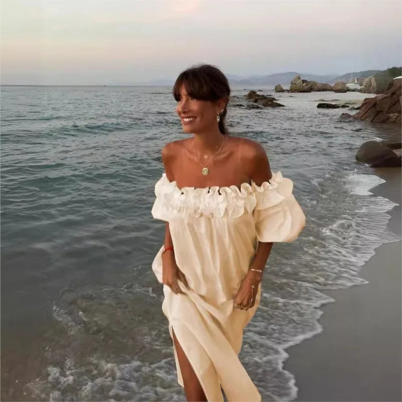 2025 Summer Cotton Linen Women Dress Long White Off The Shoulder Side Split Dresses Female Elegant Casual Trendy Ladies Clothes