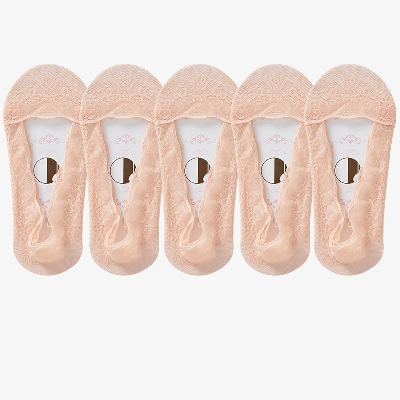 5pairs Summer Women Girl Silica Gel Lace Boat Socks Invisible Cotton Sole Non-slip Antiskid Slippers Anti-Slip Short Ankle Socks