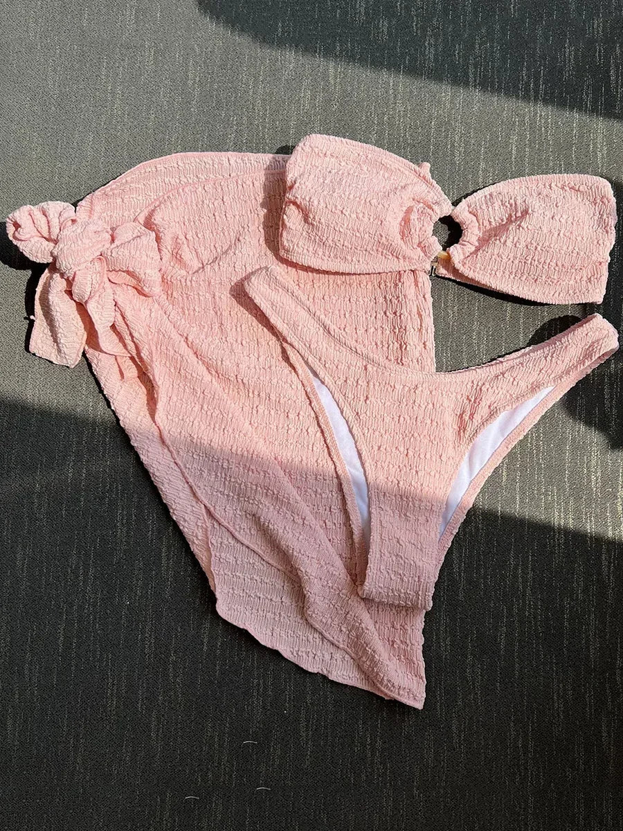 With Sarong Bandeau Strapless Wrinkled Bikini Women Swimwear Female Swimsuit Three-pieces Bikini set Bather Bathing Suit Swim