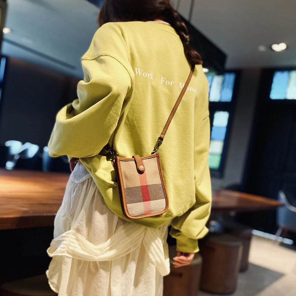 Small Women's Bag Luxury Stripes Check Canvas Leather Mobile Phone Crossbody Bag Retro Mini Female Sling Purse And Handbag