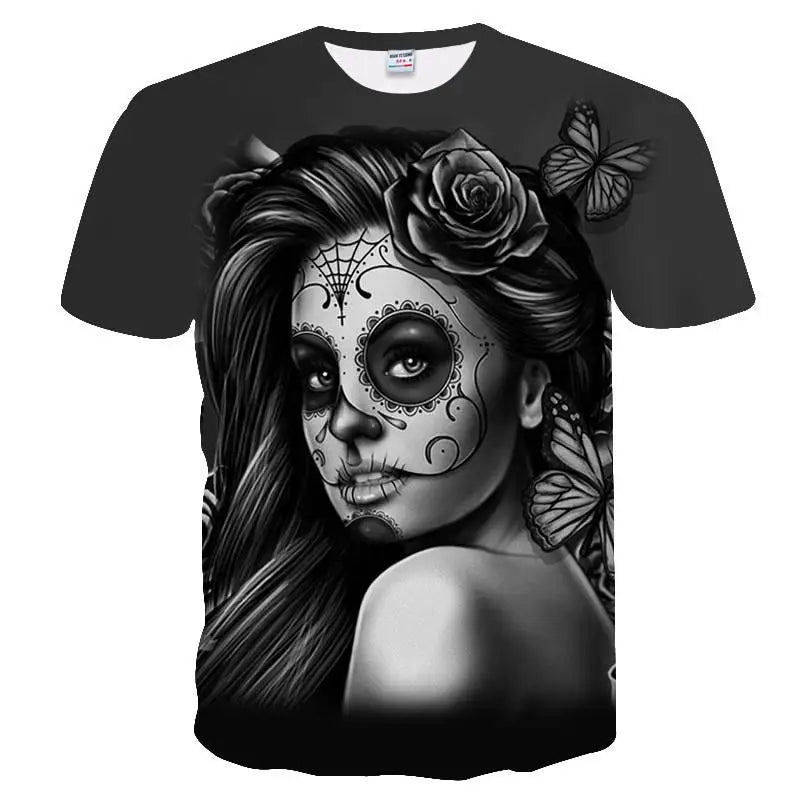 Summer Skull And Beauty Pattern Quick-Dry Men's T-shirt Hip Hop 3D Print Personality Neck Short Sleeve Fashion Clothes