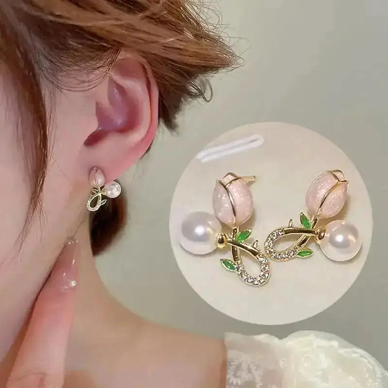 925 Silver Needle Korean Fashion Crystal Heart Earrings For Women Jewelry 2024 Trending Women's Red White Pearl Drop Earrings