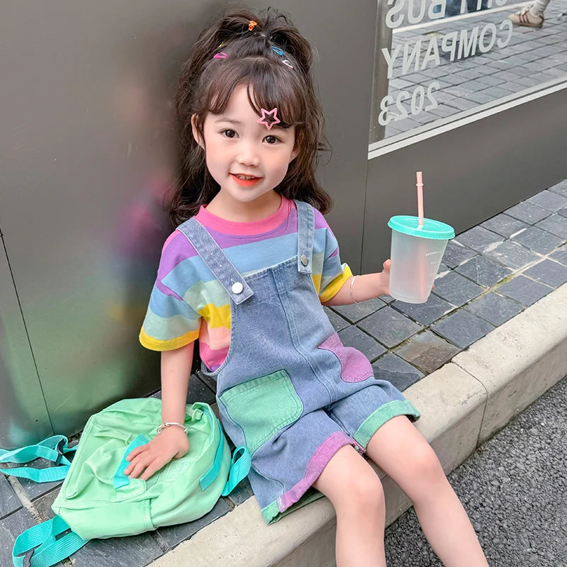 Rainbow T-Shirt Summer Bib Pants Baby Girls Shorts Jumpsuit Boy Cute Colorful Striped Short Sleeve Tops+Denim Short overalls Set