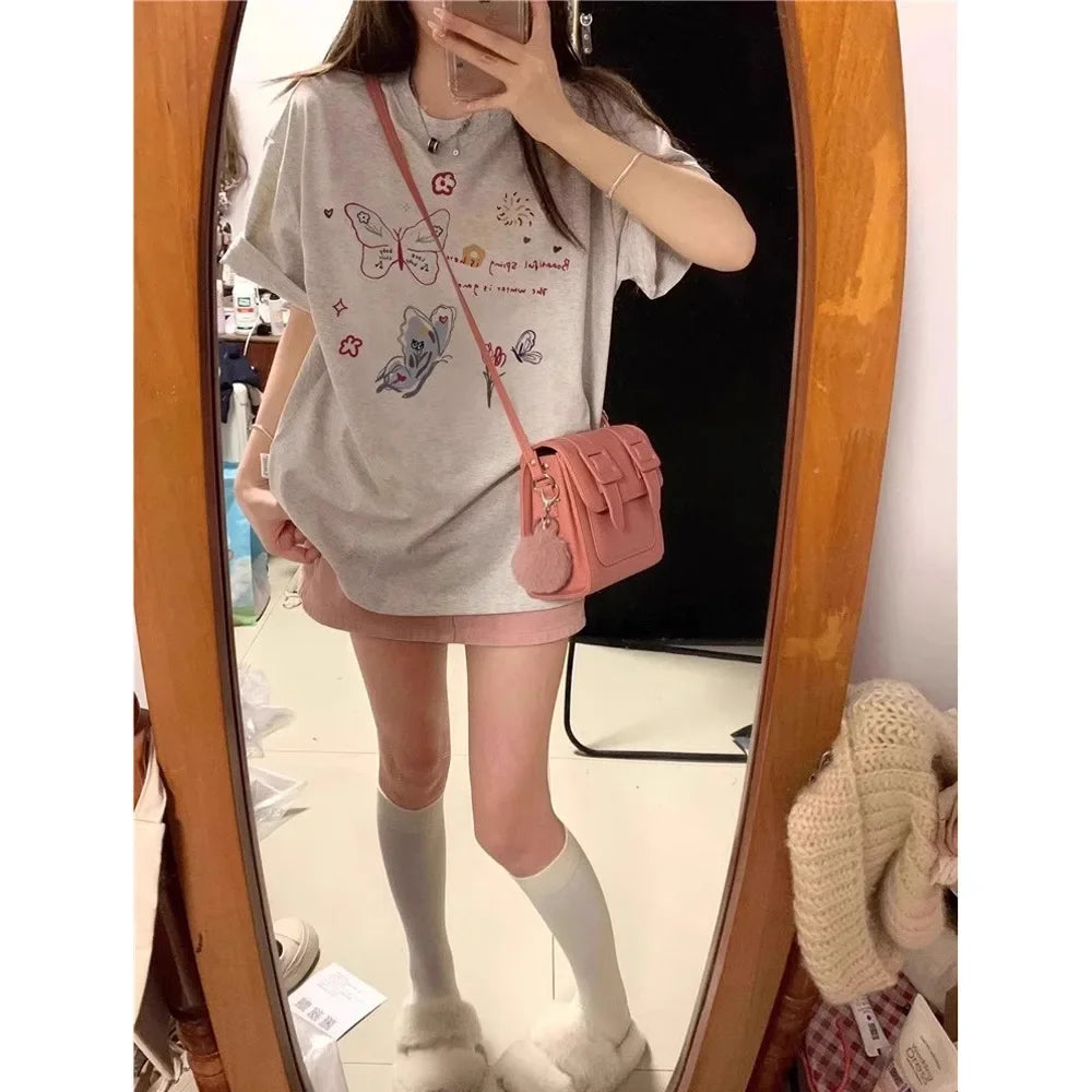 2025 New Arrival clothes Simple Style Women's Summer Loose Casual Round Neck Niche Top T-Shirt Print Butterfly Ladies Clothes T-shirts