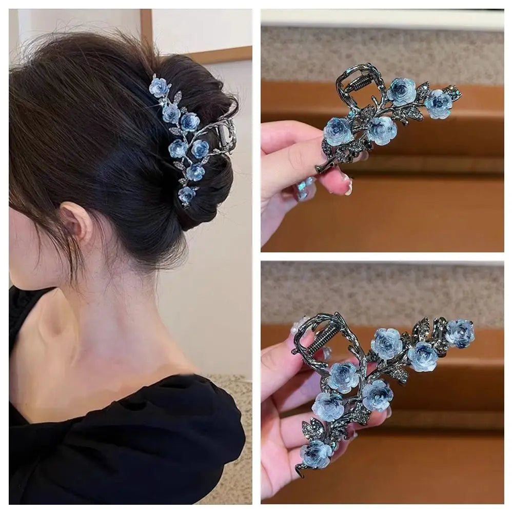 Flower Camellia Hair Claw Ponytail Holder Hair Accessories Large Shark Clip Headdress Korean Style Metal Hair Crab Clip Girls