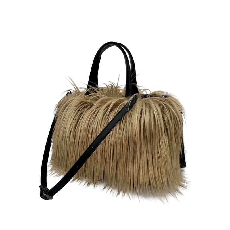 Designer Fluffy Plush Shoulder Bag Warm Faux Mongolian Fur HandBags for Women Brands Large Hobo  Shopper Heart Shaped Purses