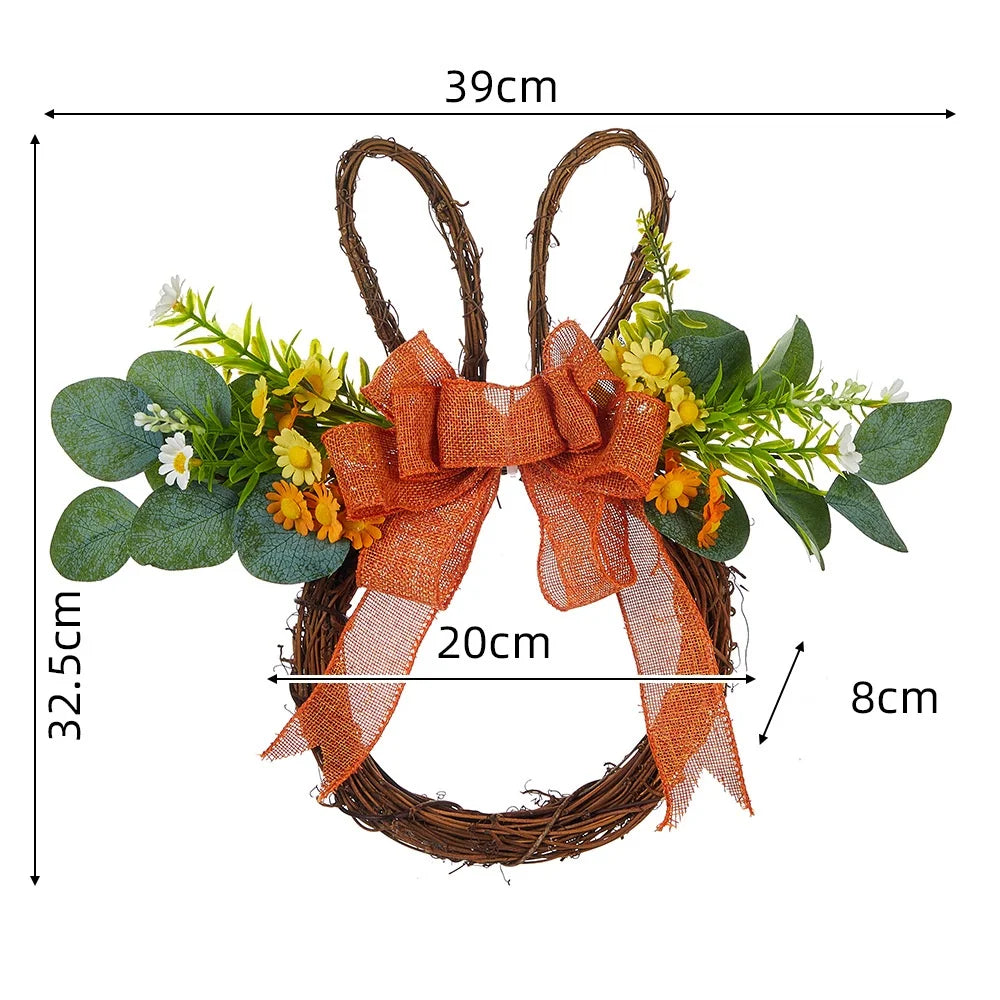 Easter Wreath Cartoon Rabbit Shape Outdoor Home Door Hanging Decoration Hand-Woven Simulated Wreath Ribbon Bow Decoration