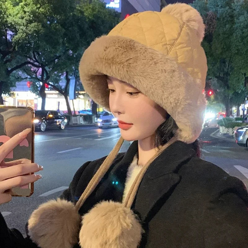 2024 Winter Women's Thickened Warm Knit Hat Ear Protection Plush Warm Cotton Cold Cap Breathable Fashionable Outdoor Wear