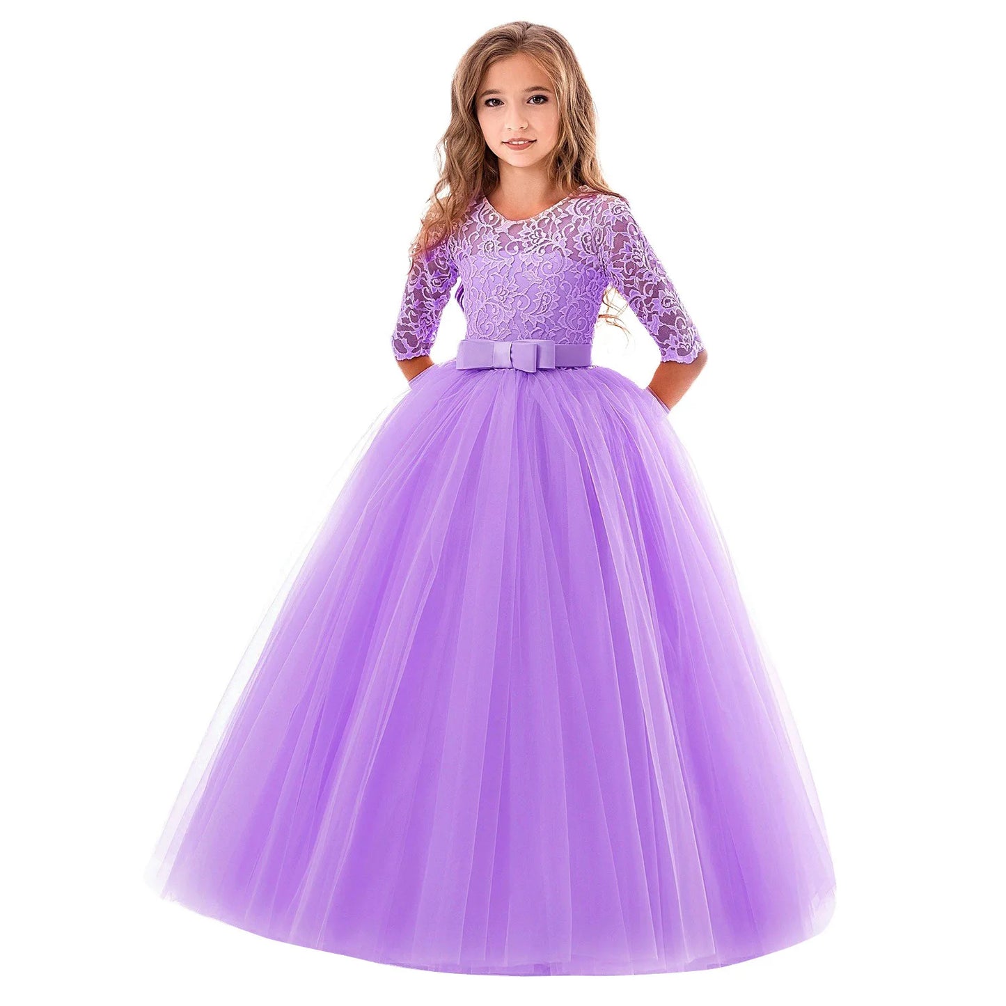 Girls Lace Embroidered Bow Princess Dress Long Sleeve Tulle Gown For Toddler First Communion Bridesmaid Wedding Birthday Party