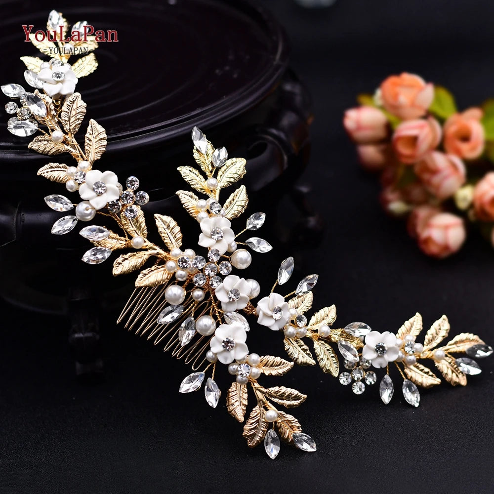 YouLaPan Gold Floral Wedding Hair Comb Bridal Crystal Pearls Headpiece Hair Accessories Bride Jewelry Women Hair Clips HP368