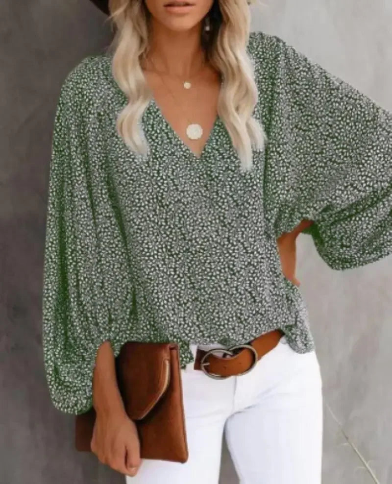 2025 Women's clothes New Arrival Hot Selling Spring And Summer V-neck Casual Printed Lantern Sleeve Shirt Ladies Clothes Fashion Shirts