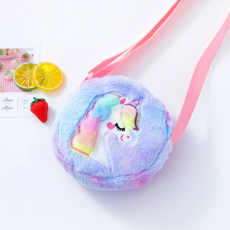Animal Embroidery Handbags Tie Dye Unicorn Plush Crossbody Bags Winter Furry Shoulder Purse Kids Cartoon Study Tools Wallets