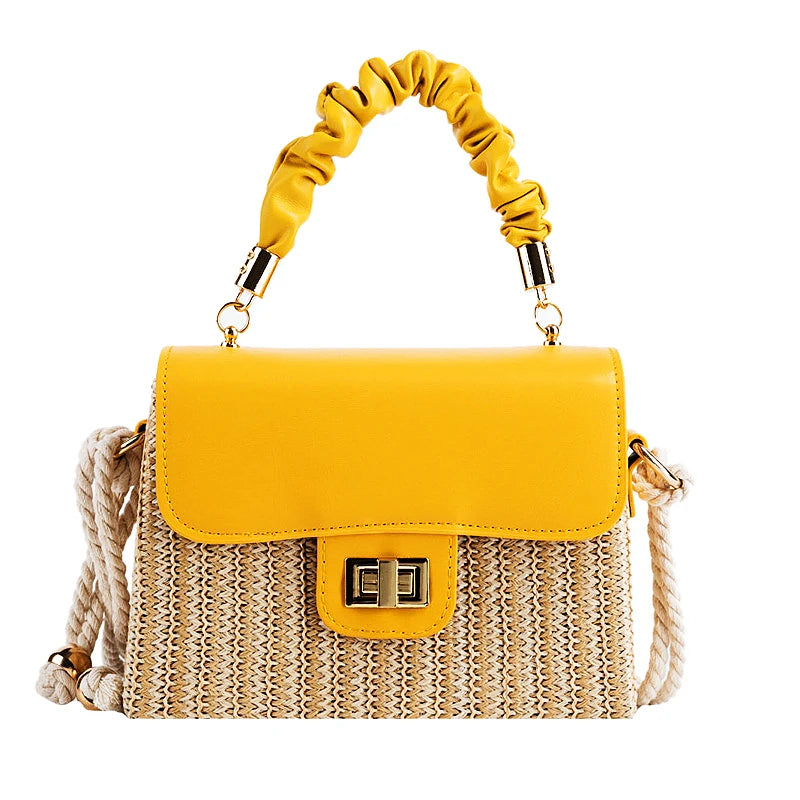 Straw Beach Bag for Women Summer Pleated Handle Luxury Designer Bag Contrast Color Crossbody Purse and Handbag Lady Bolsos