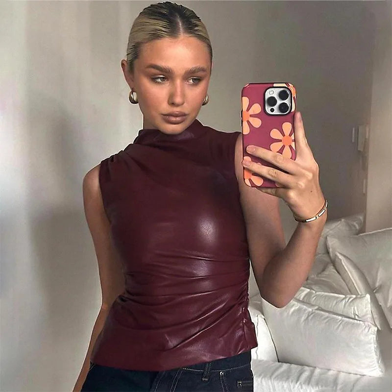 Damen Y2K Vintage Pu Schlichtes Basic Tank Top Hohe Taille Skinny Shrunk Slash Cut Ärmellose Tops Vielseitige Edle Shirts