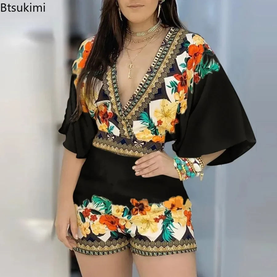 2025 clothes Women's Casual Jumpsuits Elegant Floral Print Overalls Summer Deep V-neck 3/4 Sleeve Rompers Ladies' Clothes Mujer Outfits