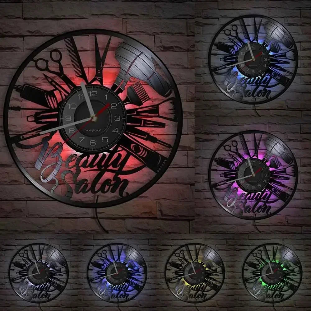 Barber Shop Sign Silent Haircutting Wall Clock Hairdressing Beauty Salon Design Vinyl Record Clock Watch Barber Shop Wall Decor