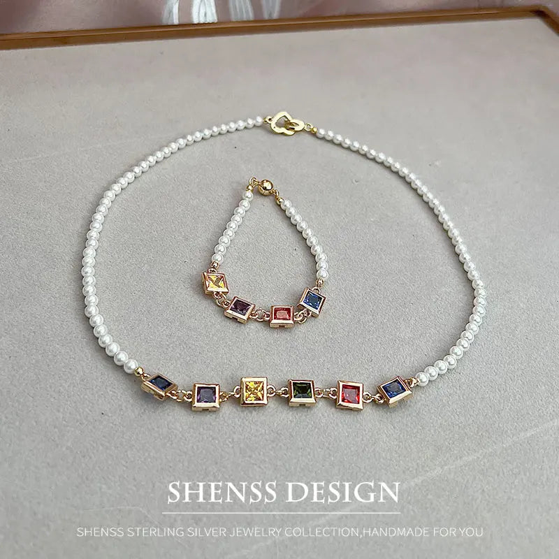 Imitation Pearl Square Zircon necklace Copper Plated 14k Gold Accessories