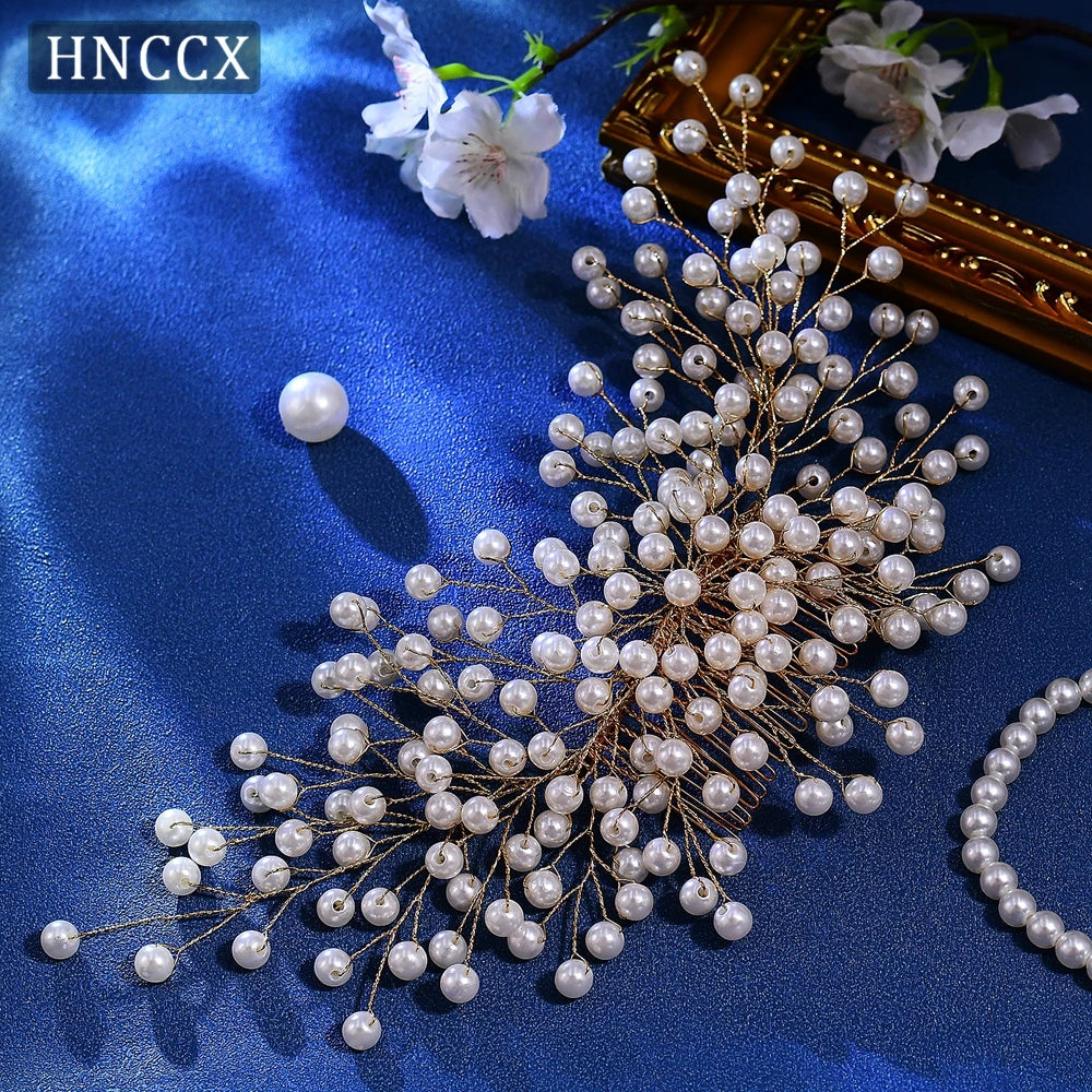 HNCCX Luxury Full Pearl Bride Golden Color Hair Comb Wedding Headband Elegant Women Weddiing Party Hair Accessories CP754