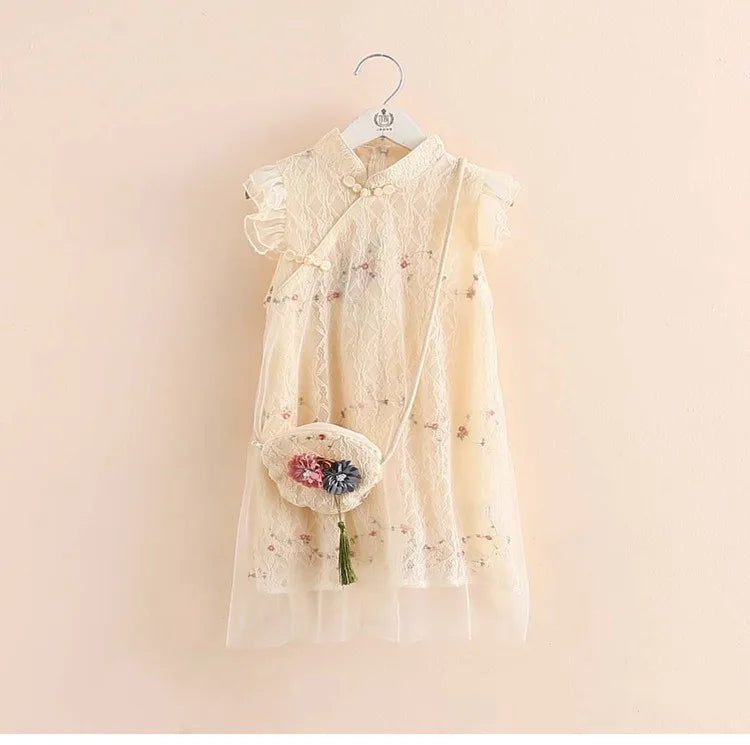 Summer 3 4 5 6 7 8 9 10 11 12 Years Fly Sleeve Lace Cheongsam Dresses With Bag For Kids Girls