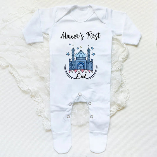 Personalisierter Eid Baby Strampler mit Namen Langarm Schlafanzug Eid Ramadan Neugeborenen Outfit Islamische muslimische Urlaubskleidung
