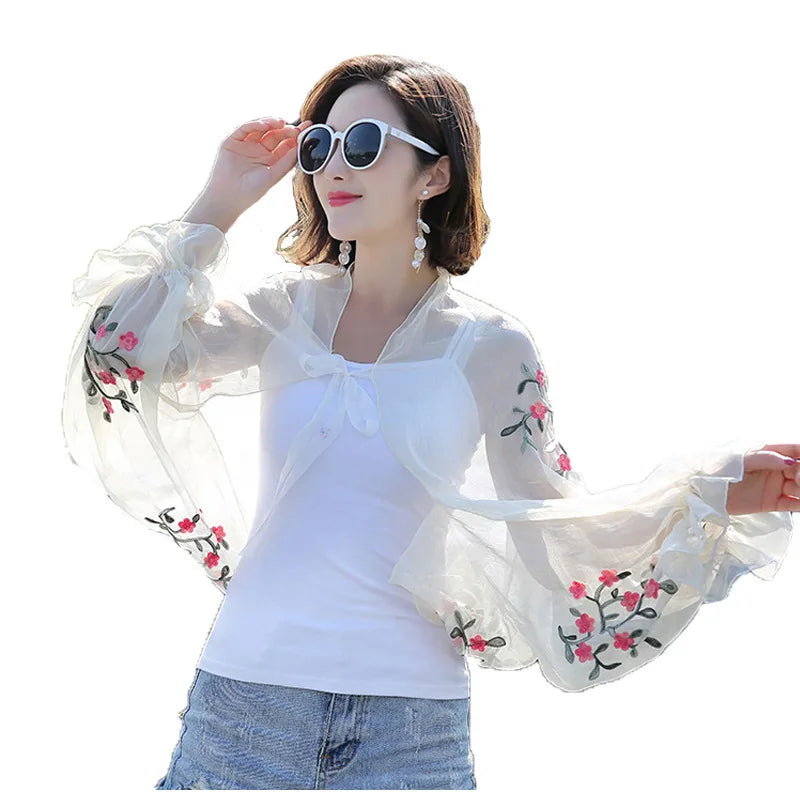 2024 Summer New Women Long Casual Embroidered Floral Sun Protection Sleeves Beach Shawl Shirt Chiffon Driving Scarf Arm Warmers