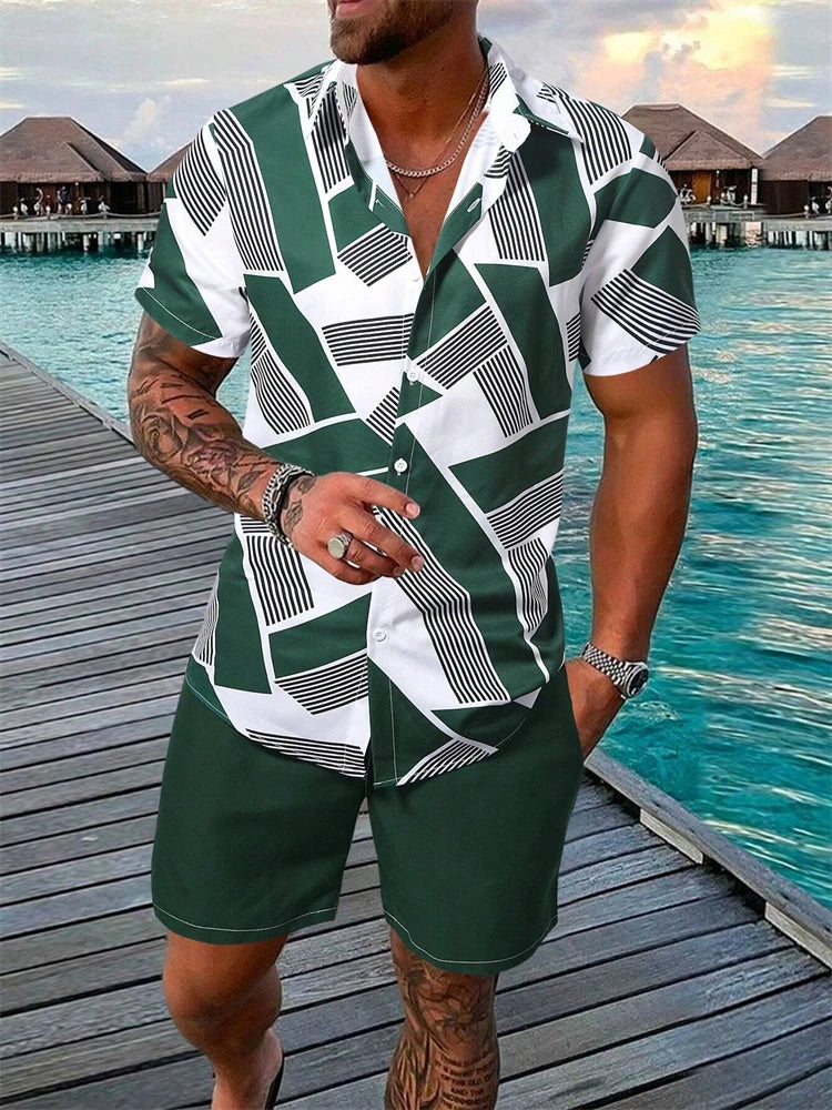 Summer New Men's Short Sleeve Shirt and Shorts 2 Piece Set Fashion Coconut Tree Print Lapel Shirt Beach Drawstring Shorts Set mon