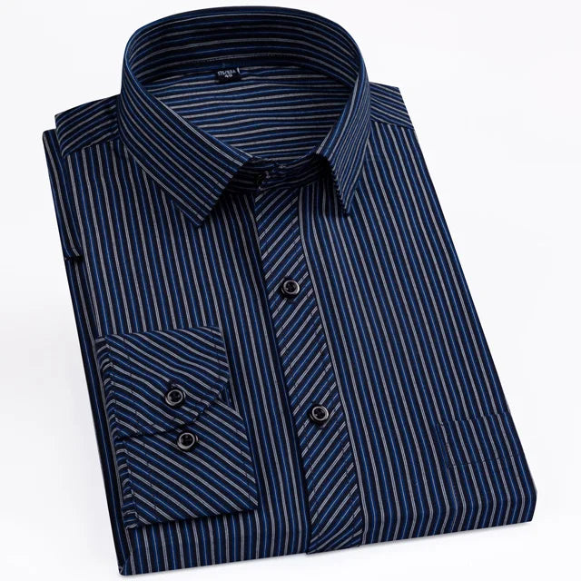 Men's Classic Standard-fit Plaid/striped Social Office Dress Shirt Single Patch Pocket Long Sleeve Formal Business Basic Shirts